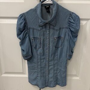 H&M Denim Button Down Shirt with Puff Sleeves